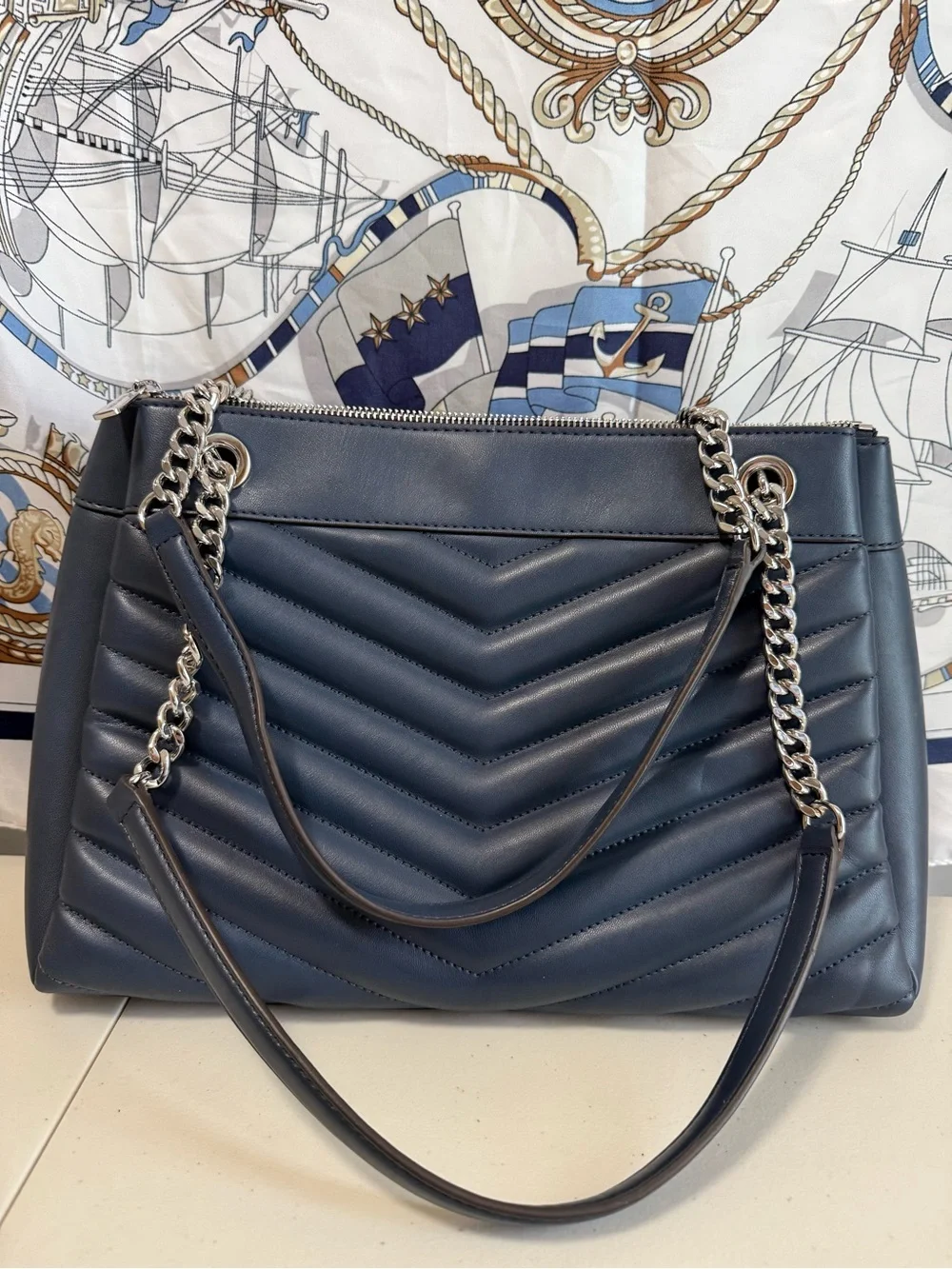 Michael Kors Quilted Navy Shoulder Tote with Silver Chain Straps